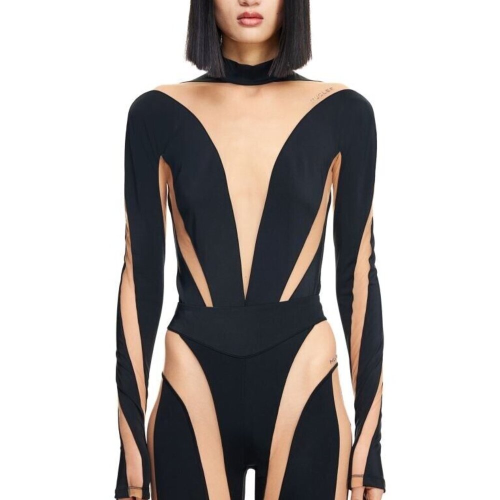 Mugler x H&M Mesh-Paneled Bodysuit & Leggings Set Beige Black XS (SOLD OUT) RARE